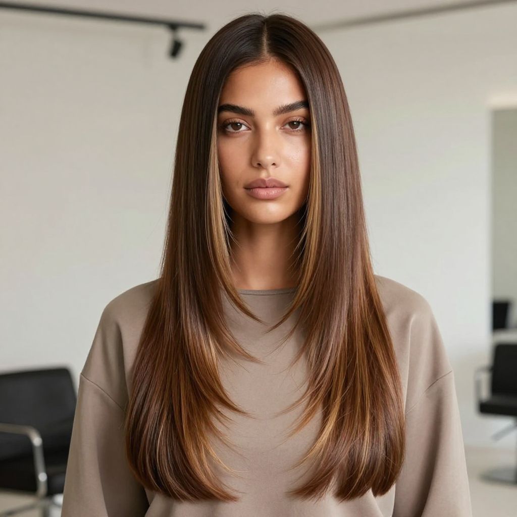 Long Straight Hair With Center Part And Face Layers