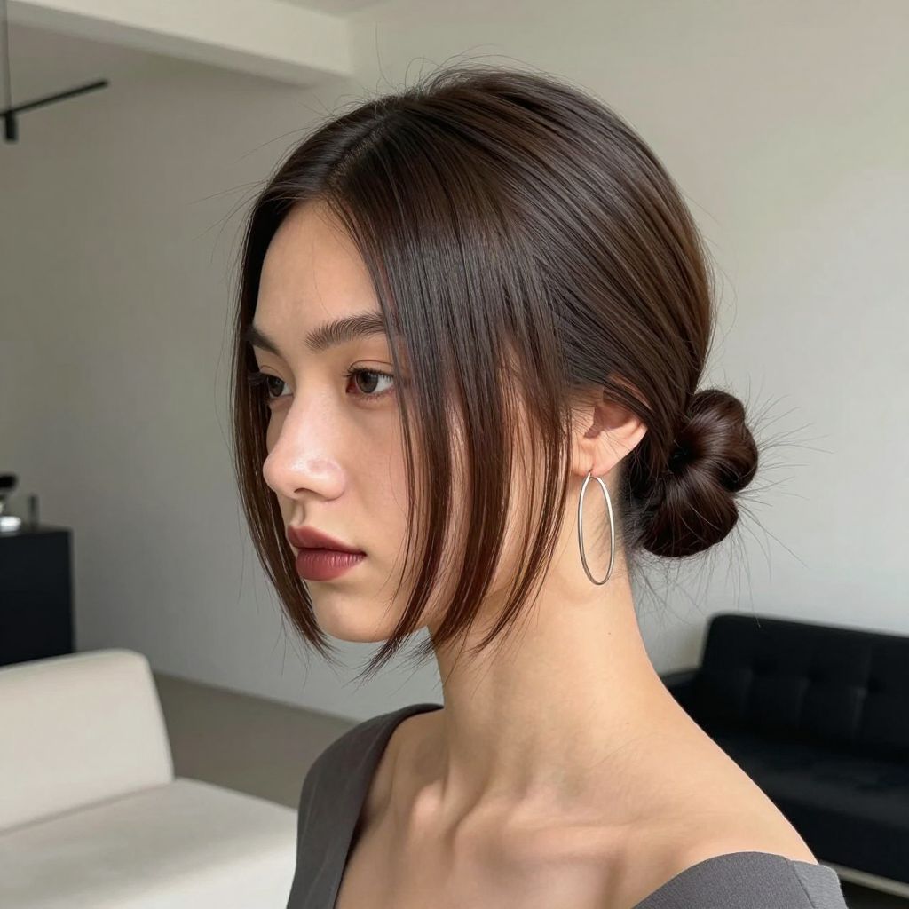 Sleek low bun with a center part