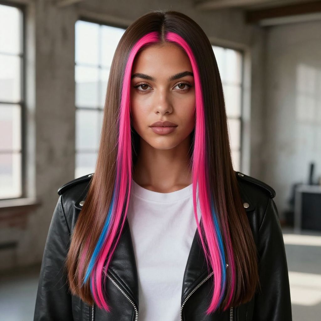 Long Straight Hair with Bold Center Part and Neon Highlights