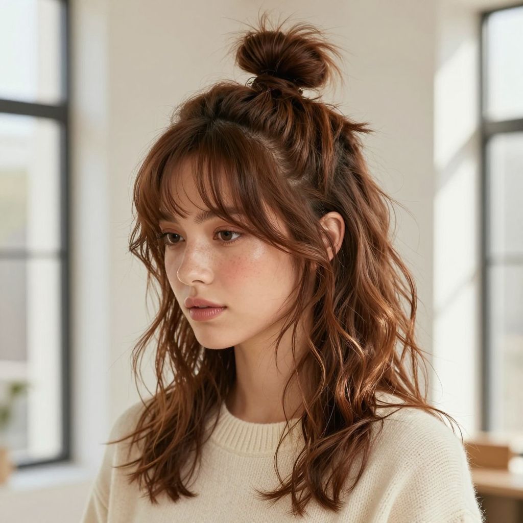 Messy Top Knot with Face-Framing Tendrils