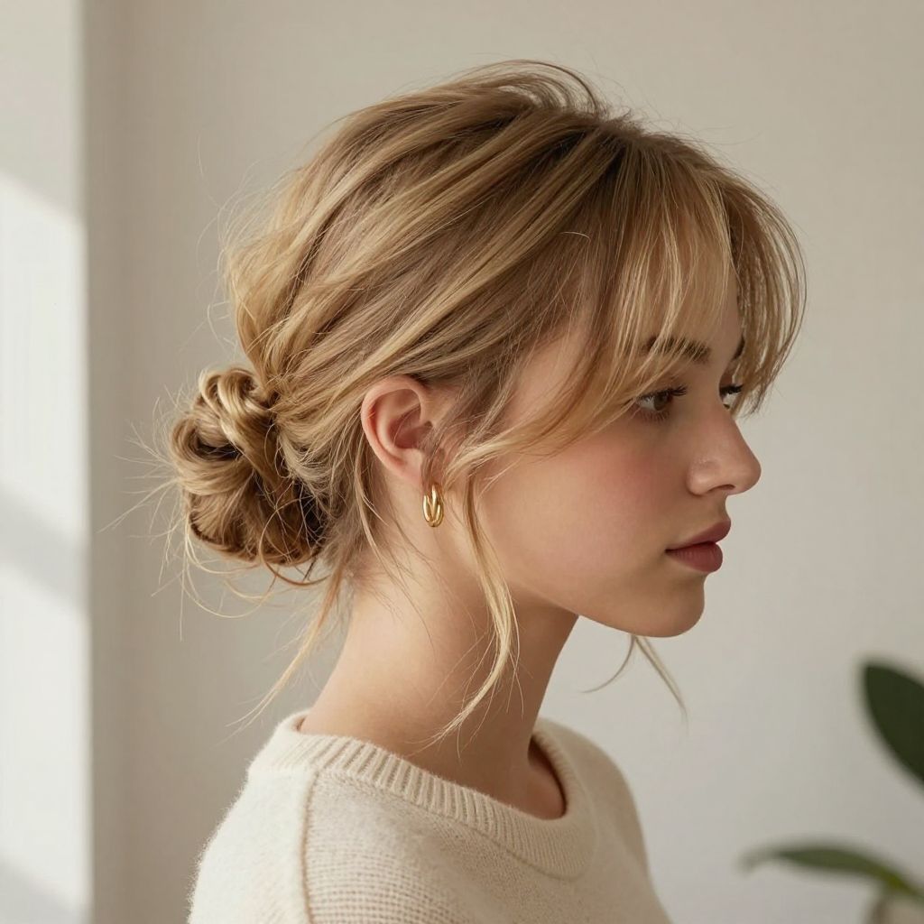 Messy Side Bun with Wispy Bangs