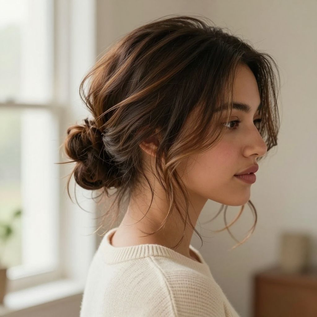 Messy Low Bun with Face-Framing Strands