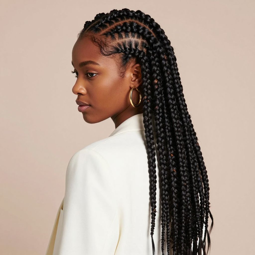 Long Braids With Curved Cornrow Design