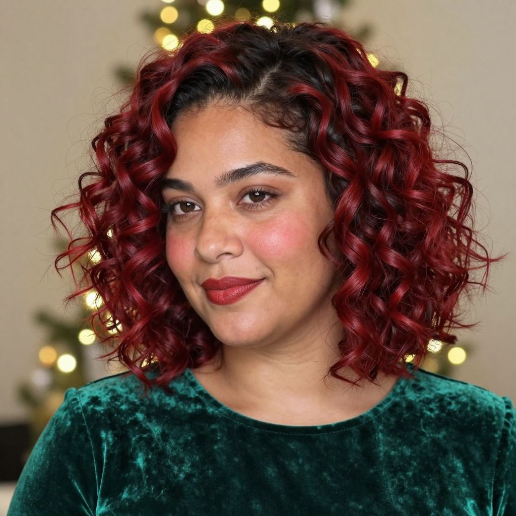 Festive Curly Bob with Red Highlights