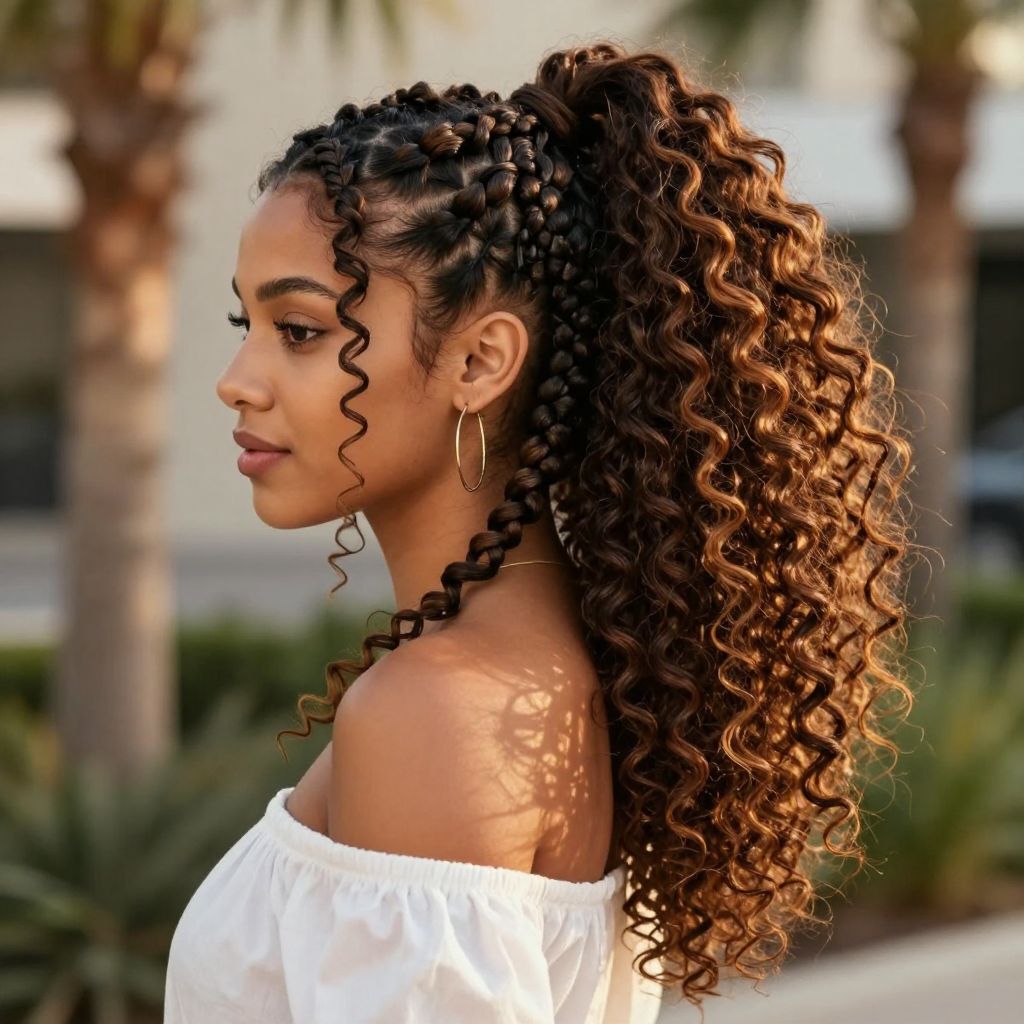 Double Dutch Braids into Curly Ponytail