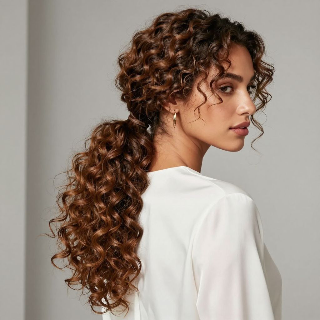 Low Curly Ponytail with Face Framing Curls