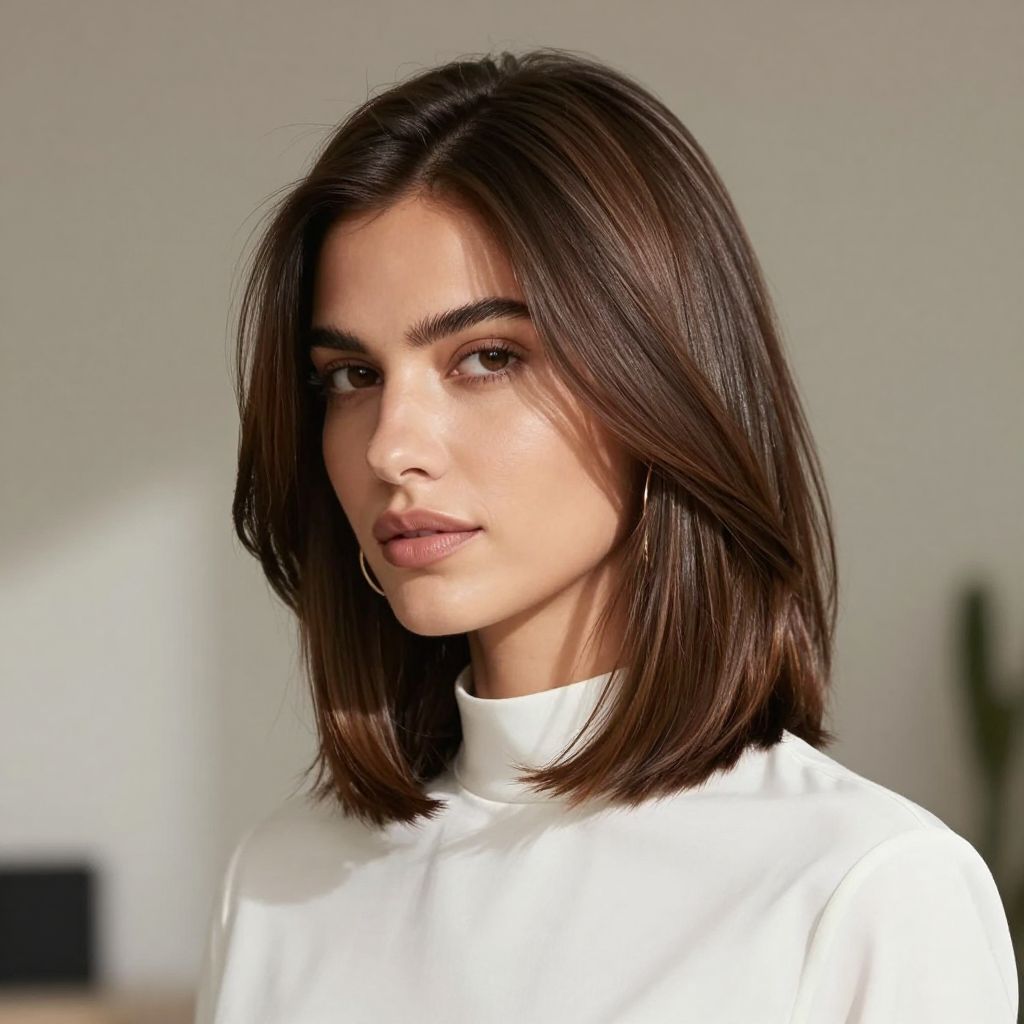 Sleek Lob With Tucked Ends - diamond face shape hairstyles