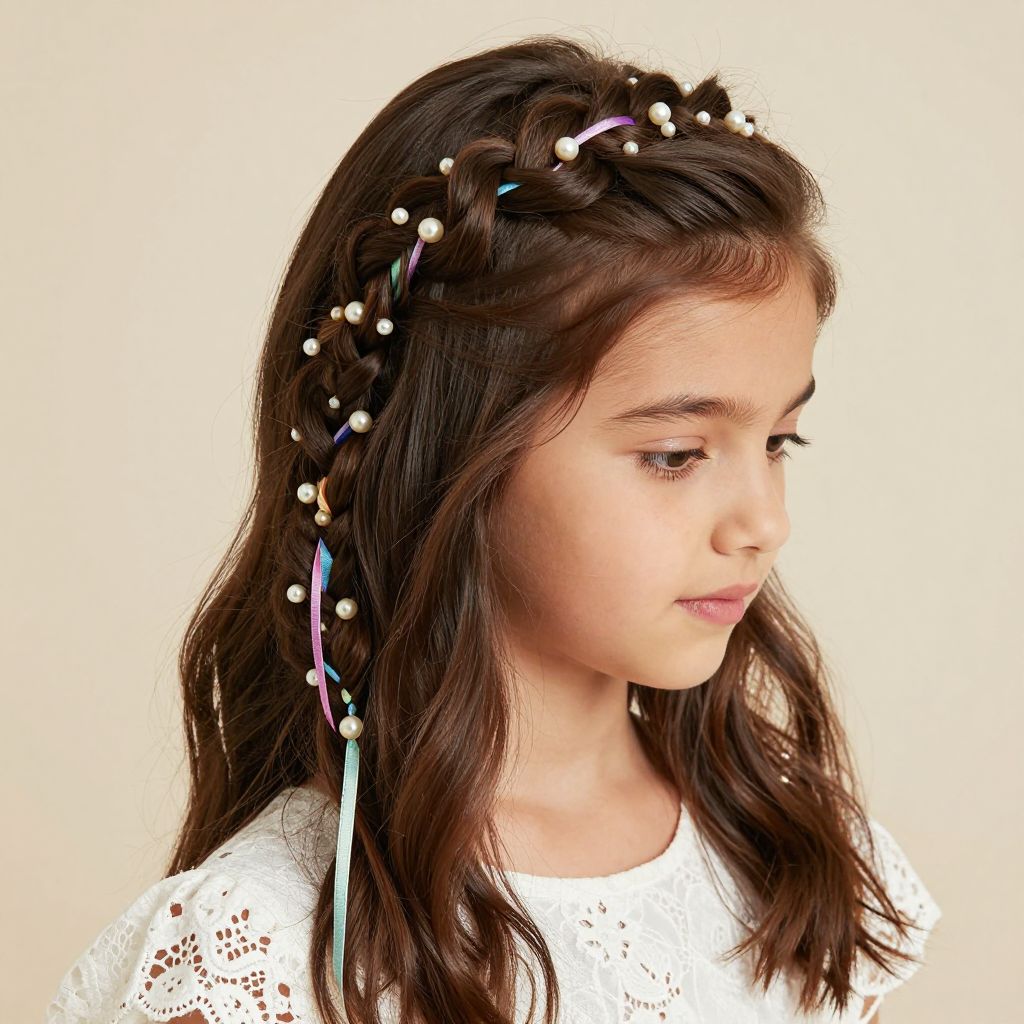 Beaded French Braided Crown with Ribbon
