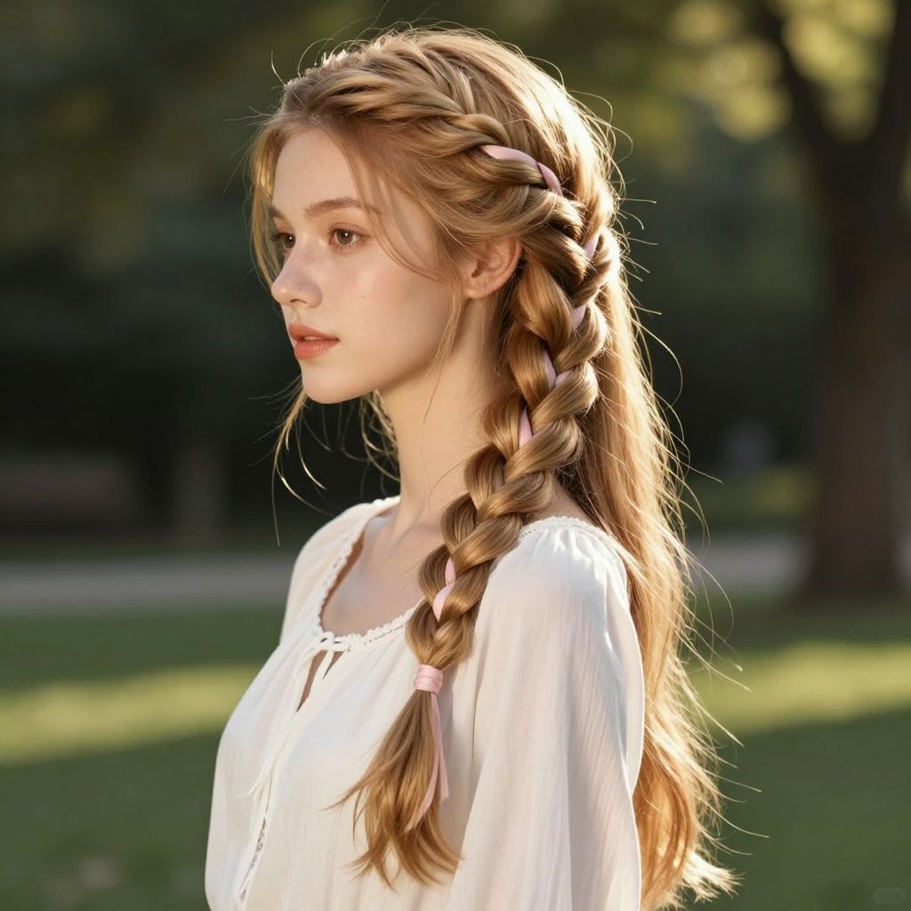 Long Braided Ponytail with Ribbon Weave