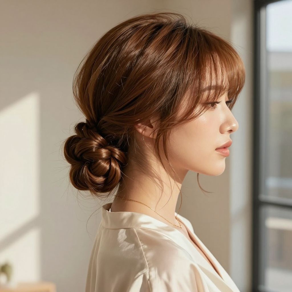 Braided Low Bun with Side Swept Fringe