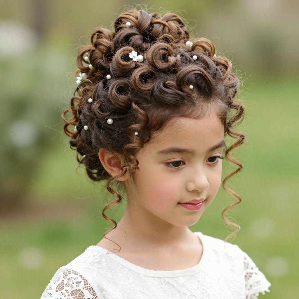 High Curly Bun with Pearl Flowers