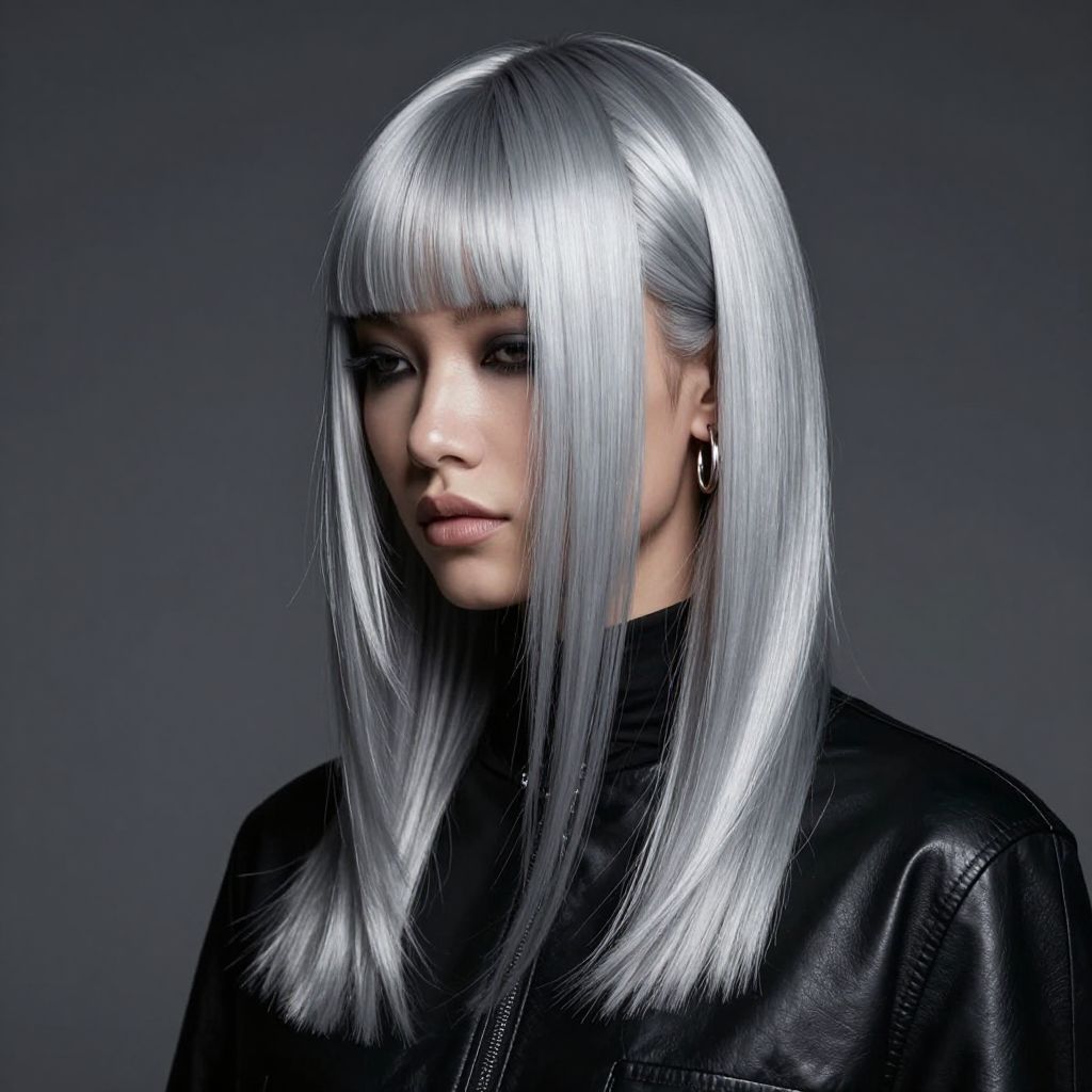 Slick Center-Parted Straight Hair with Silver Tones