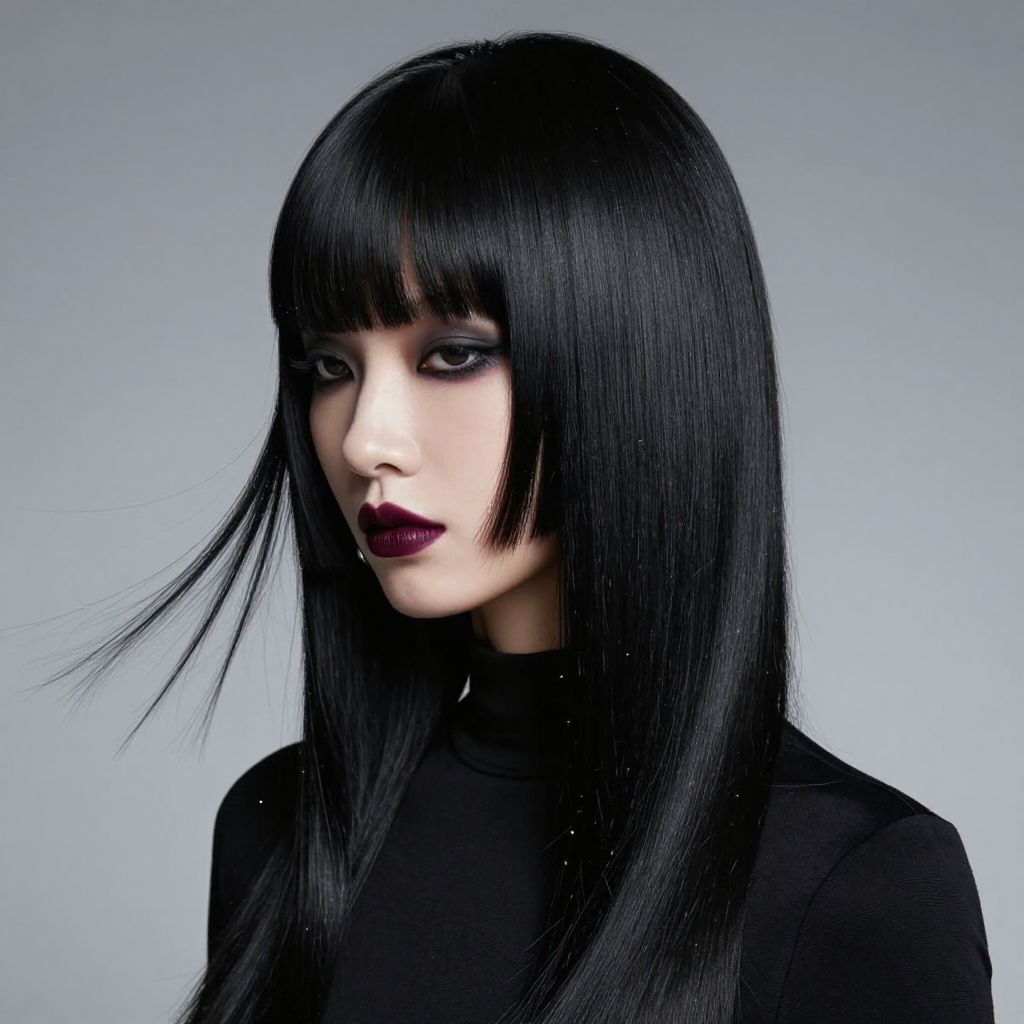 Blunt Black Bangs with Long Straight Hair