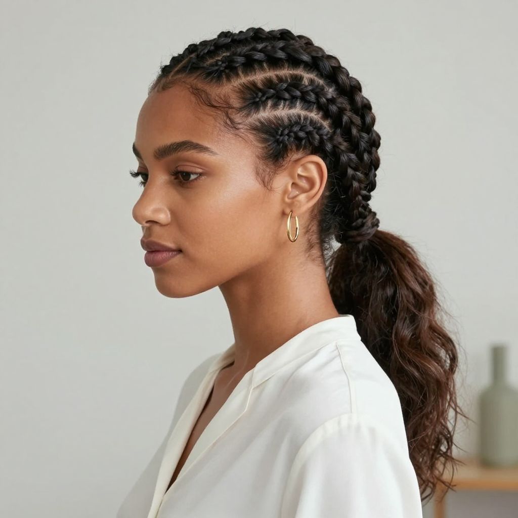 Curved Cornrows Into A Low Ponytail