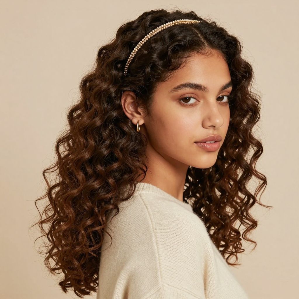 Curly Hair Half-Pulled Back with Beaded Headband