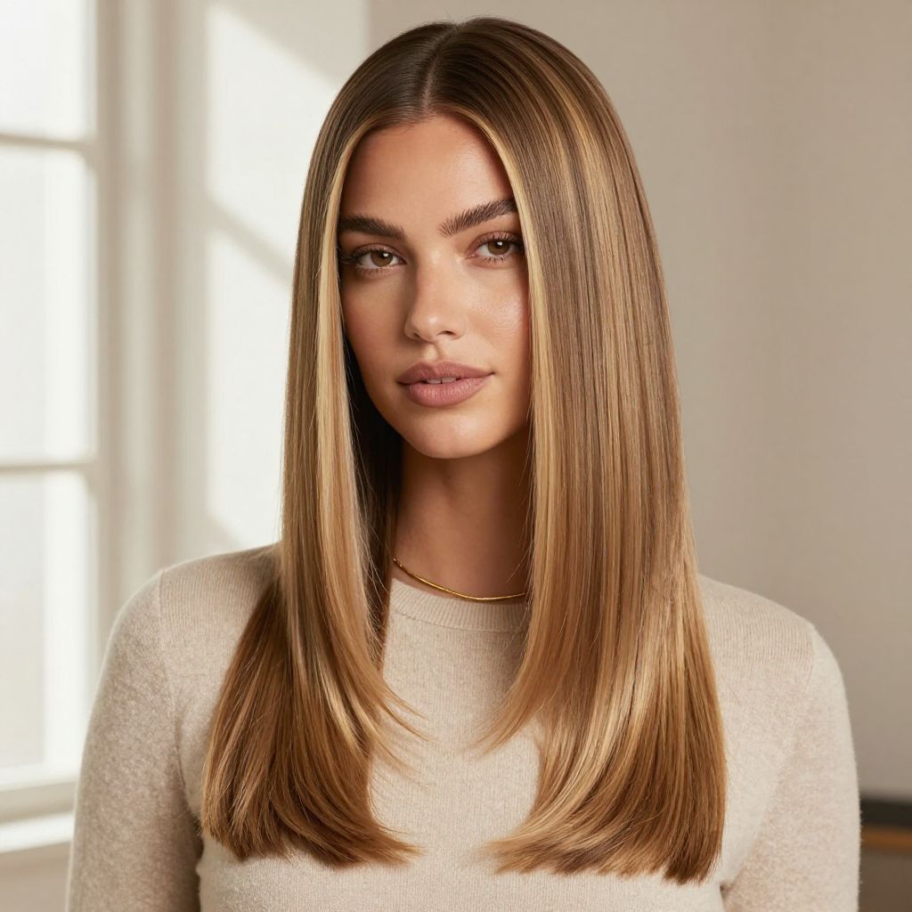 Long Straight Hair with Middle Part and Subtle Highlights