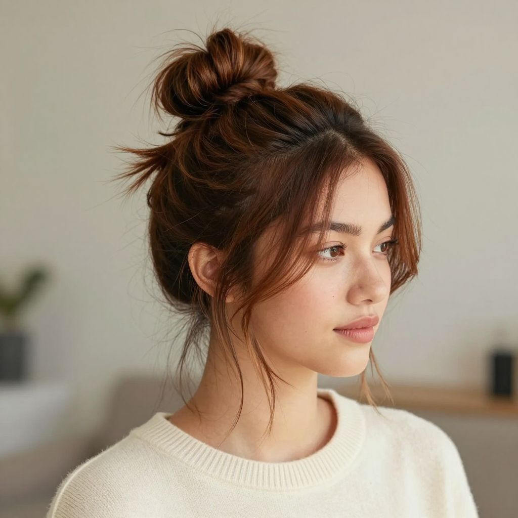 Messy Top Knot with Face-Framing Tendrils