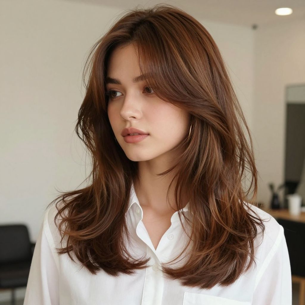 Layered Curtain Bangs with Polished Waves