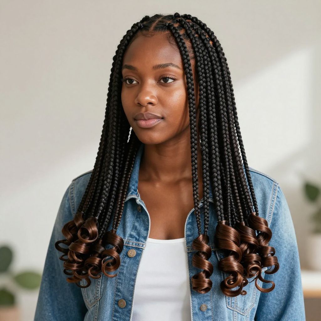 Box Braids with Curled Ends
