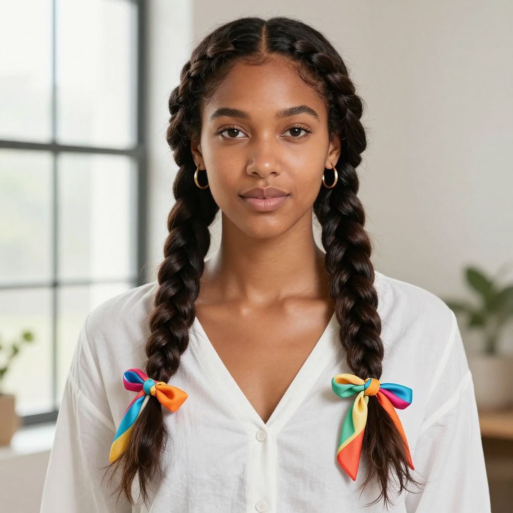 Two Braided Pigtails with Scarf Accessory