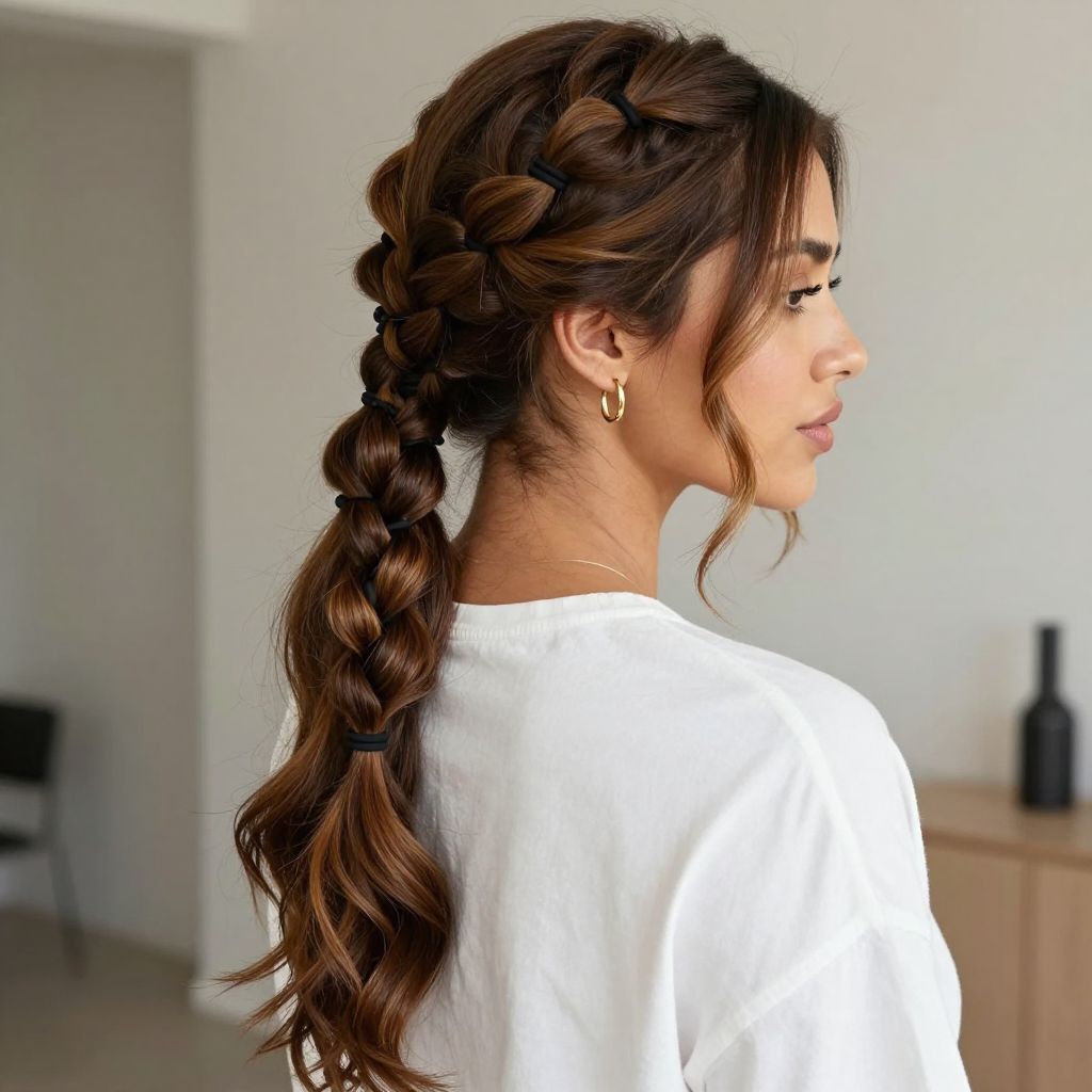 Braided Ponytail With Rubber Band Accents