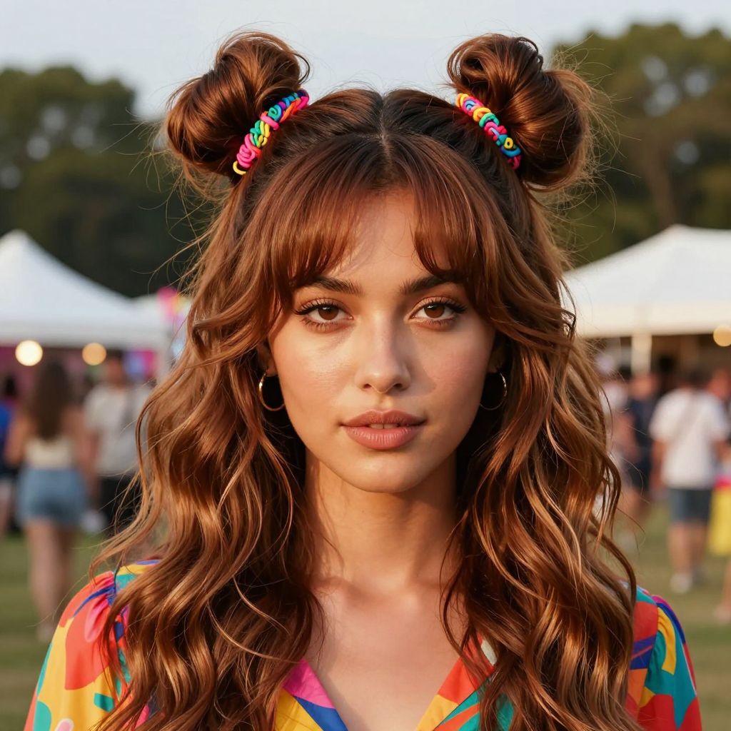 Double High Buns Secured with Colorful Bands