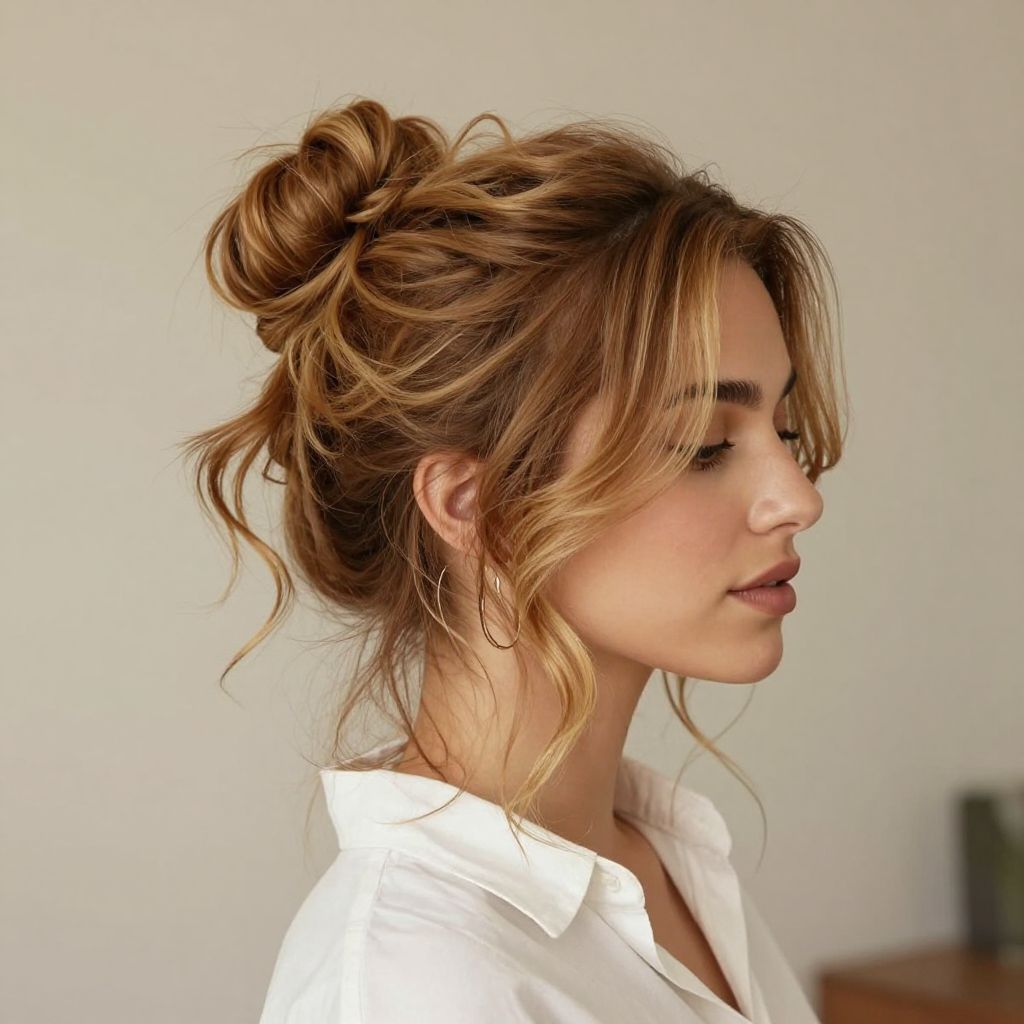 14. Messy Bun with Loose Tendrils
