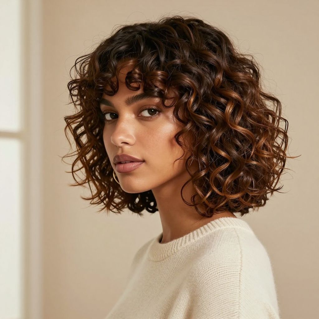 Curly Bob with Side Swept Bangs