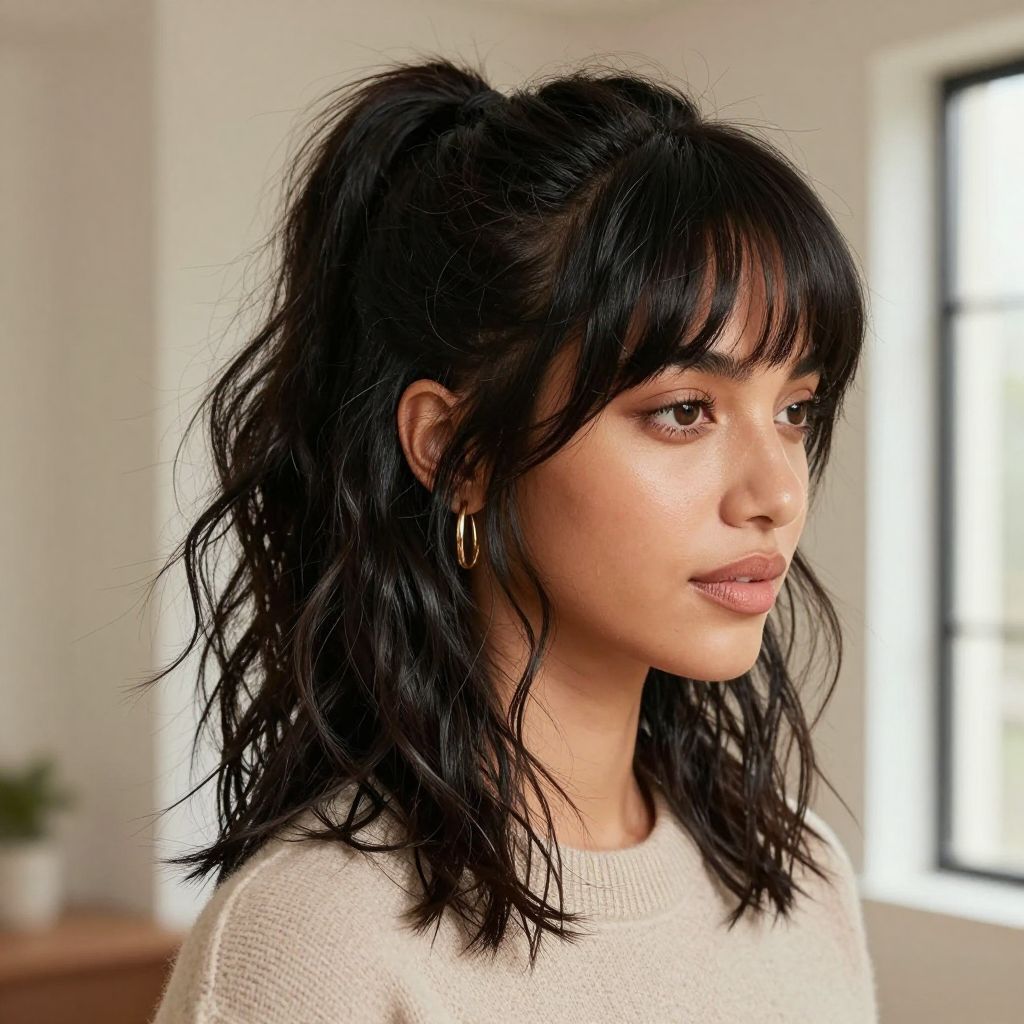 Messy Ponytail with Curtain Bangs