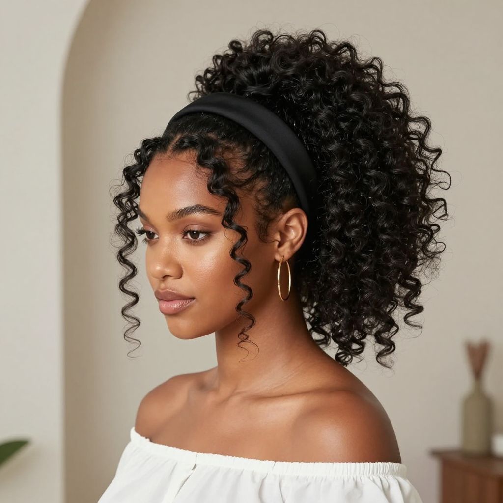Curly High Ponytail with Headband Accessory