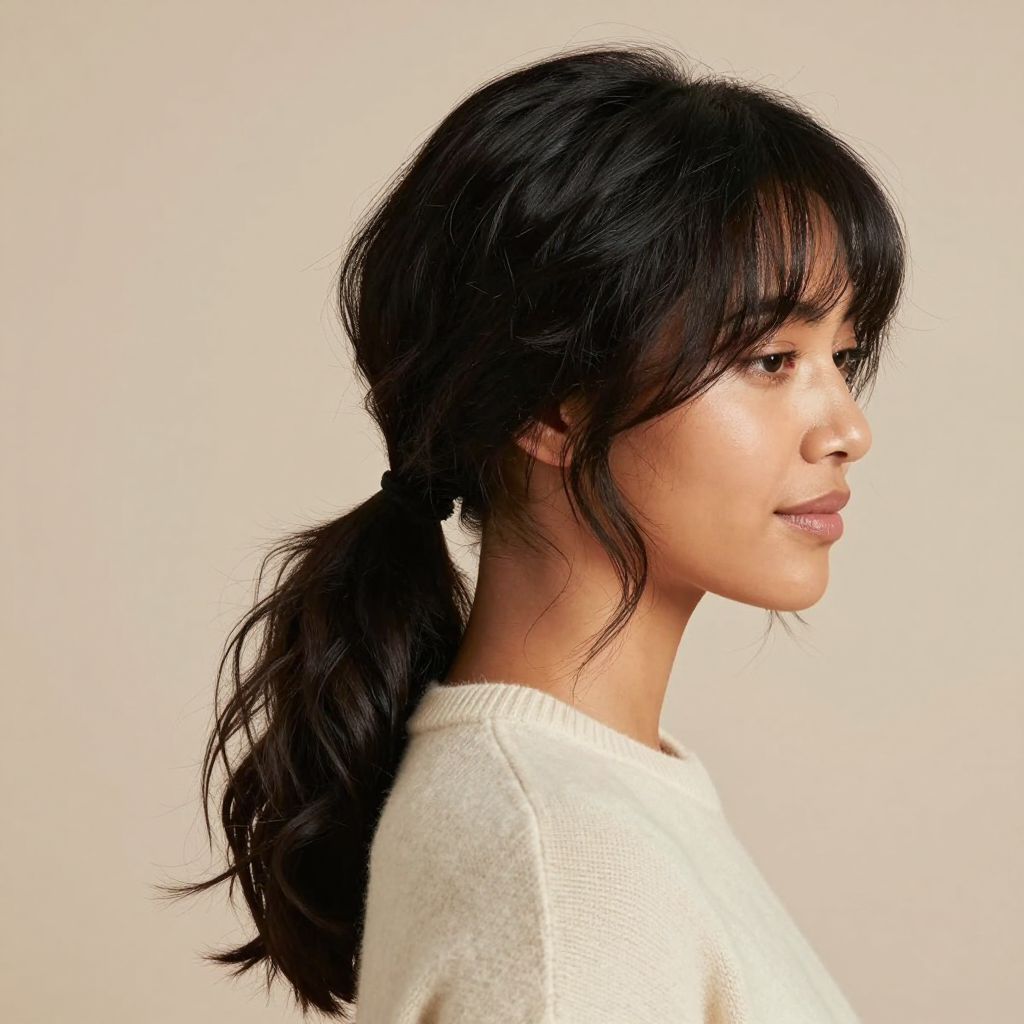 Textured Low Ponytail with Face-Framing Layers