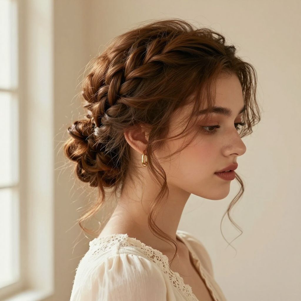 Messy Braided Updo with Curly Tendrils