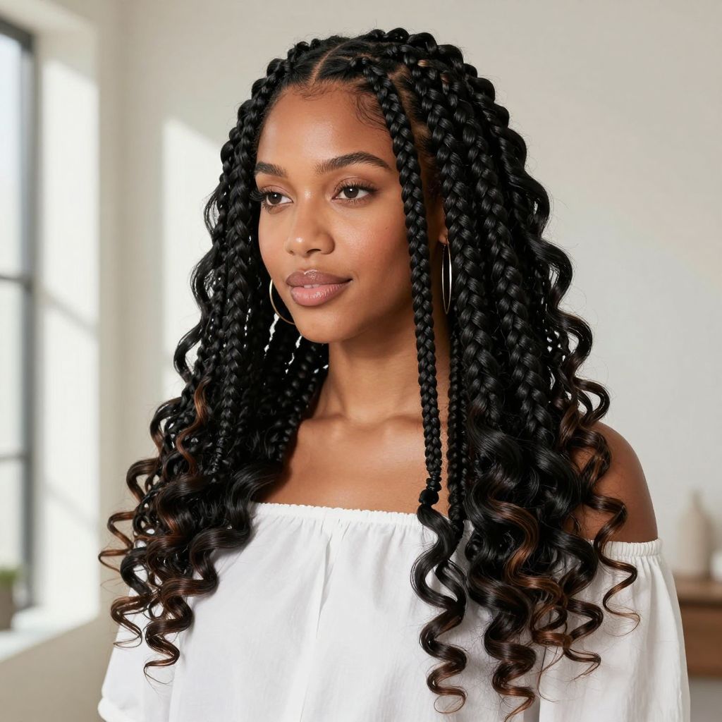 Jumbo Box Braids with Spiral Curls at Ends