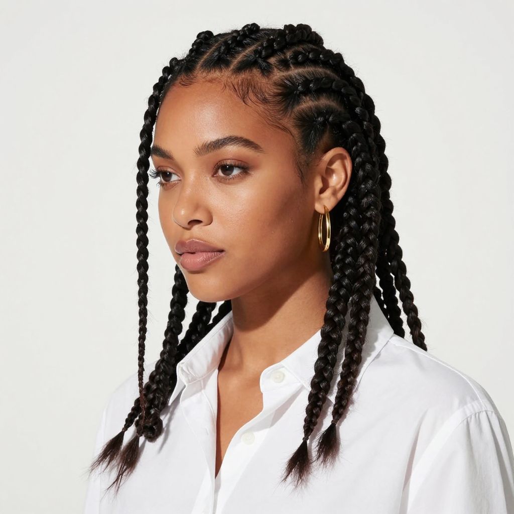 Side Swept Feed-In Braids with Blunt Ends