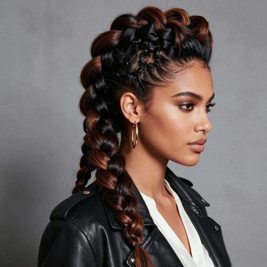 Side Swept Braided Mohawk with Weave
