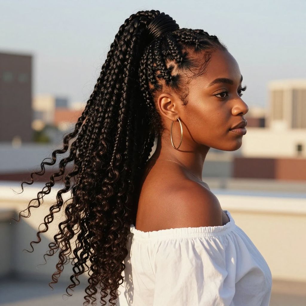 High Ponytail Braids with Curly Weave Ends