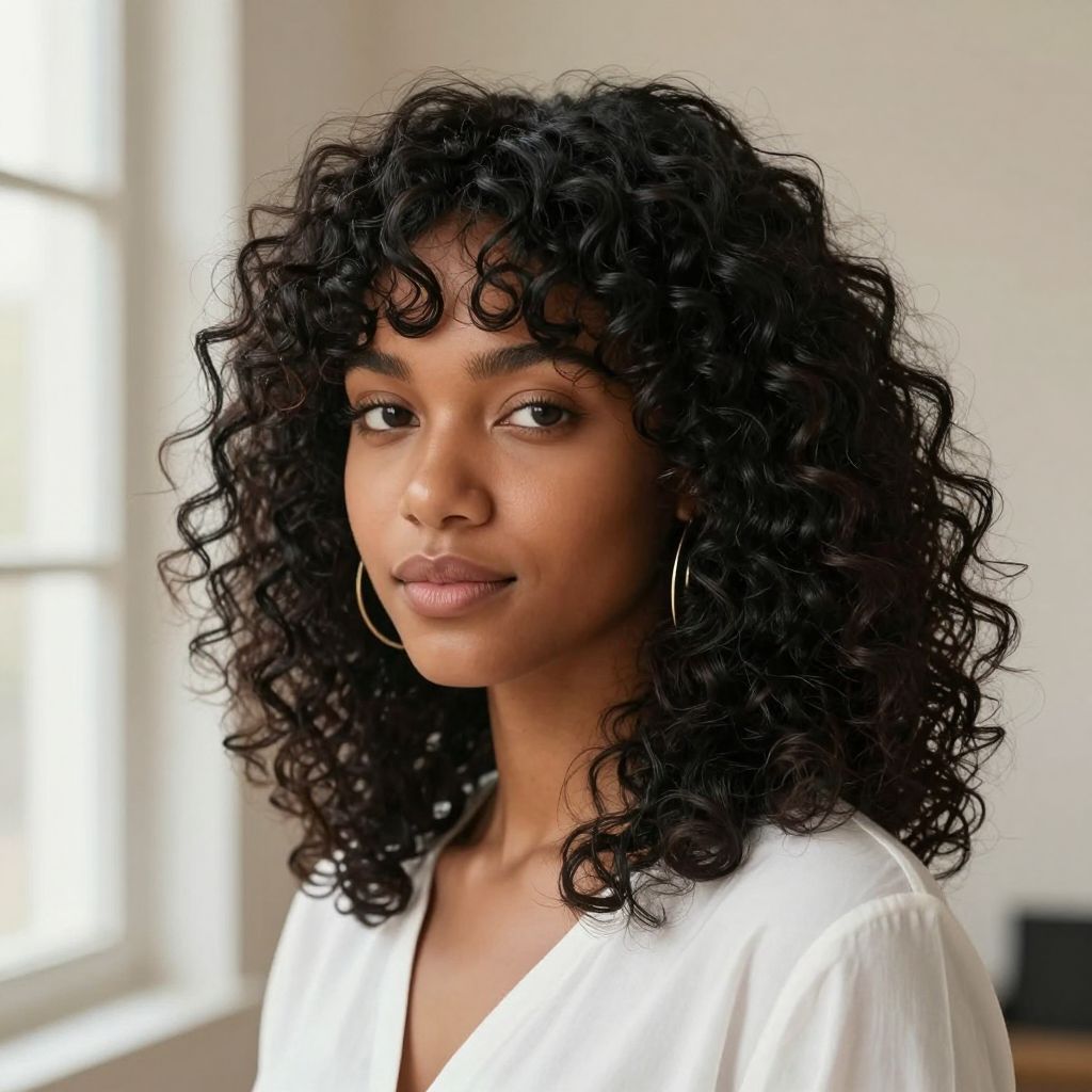 Curly Bangs with Shoulder-Length Cut