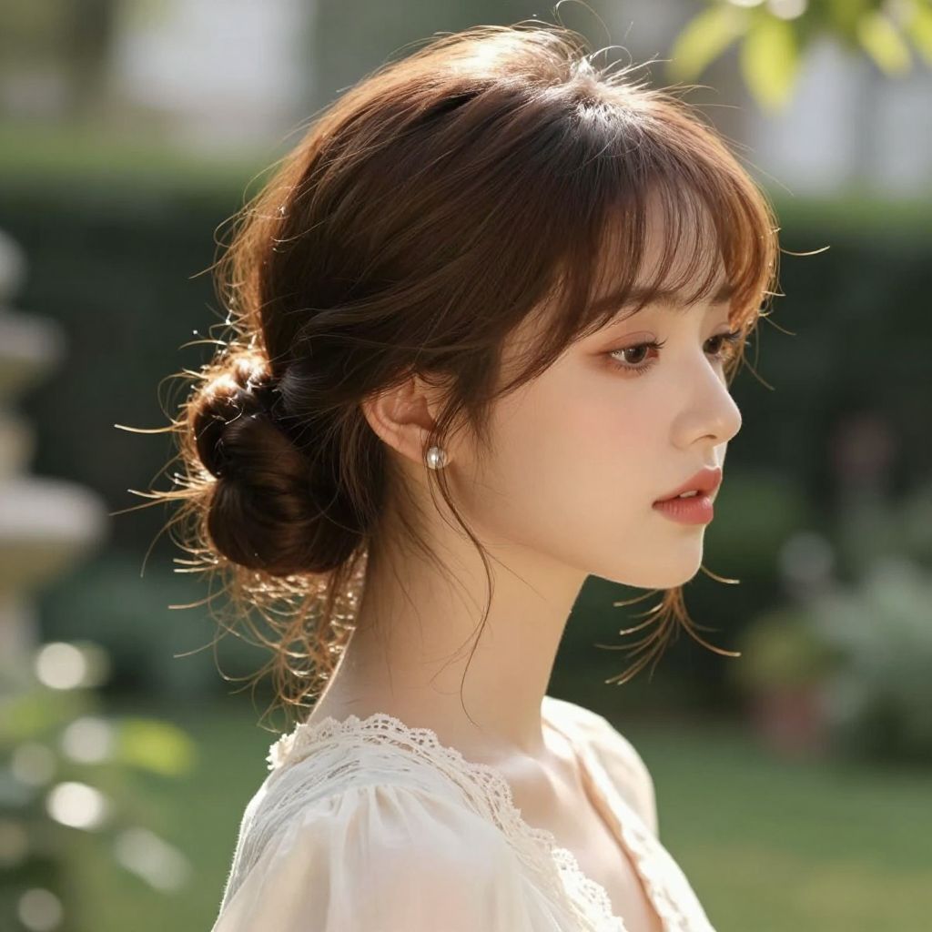Low Chignon with Wispy Bangs