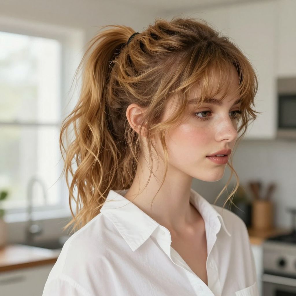 Tousled Fringe with Messy Pony