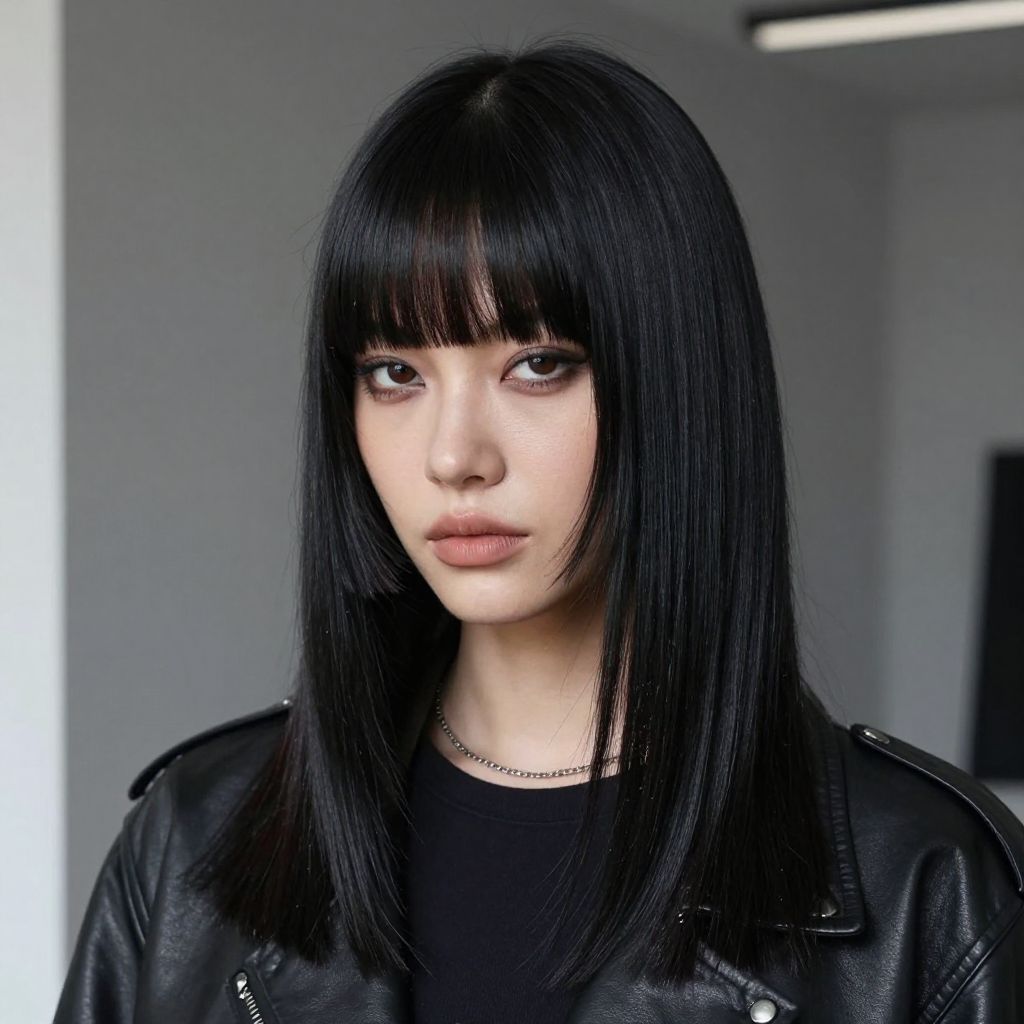 Straight Black Hair with Blunt Bangs