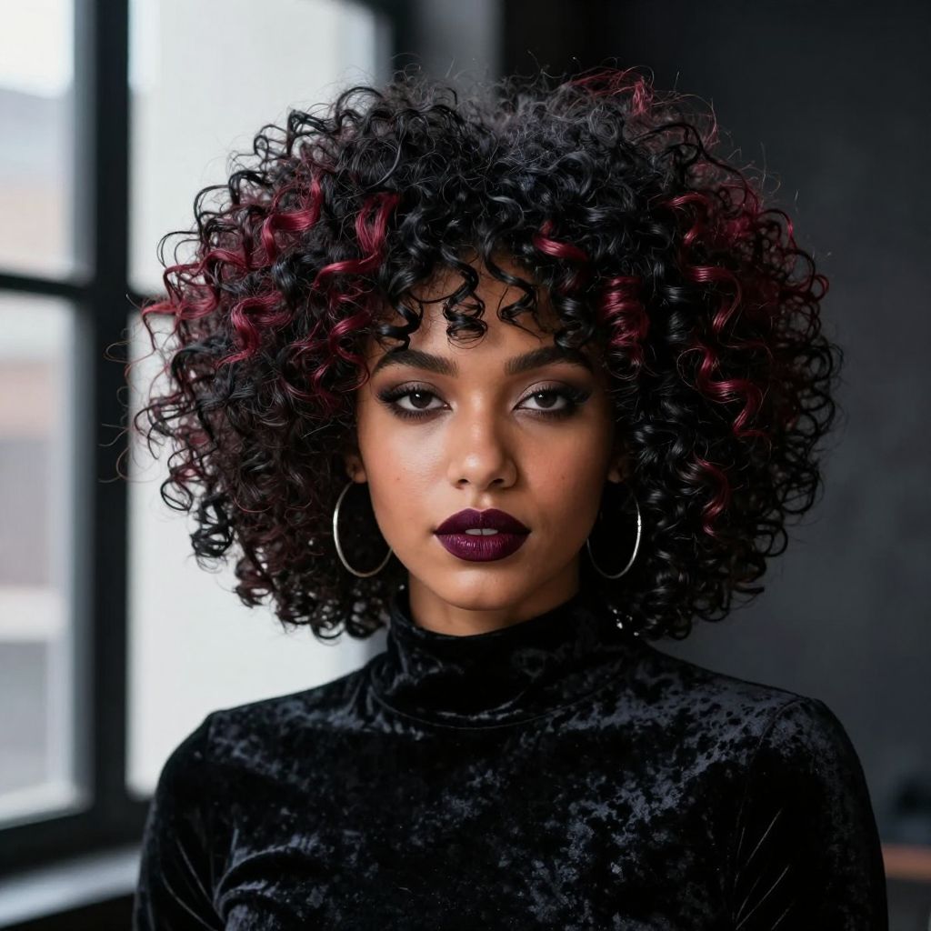 Curly Black Afro with Subtle Highlights