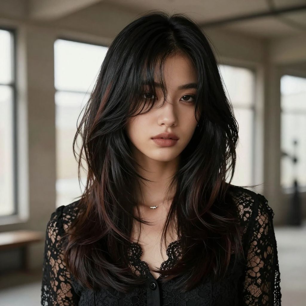 Long Layers with Side Swept Fringe