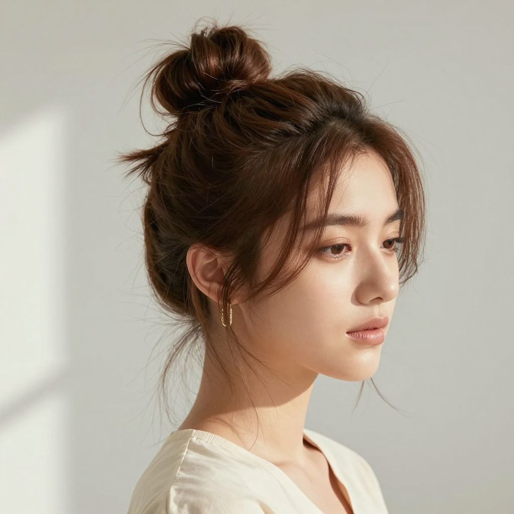 Messy Top Knot with Face-Framing Strands