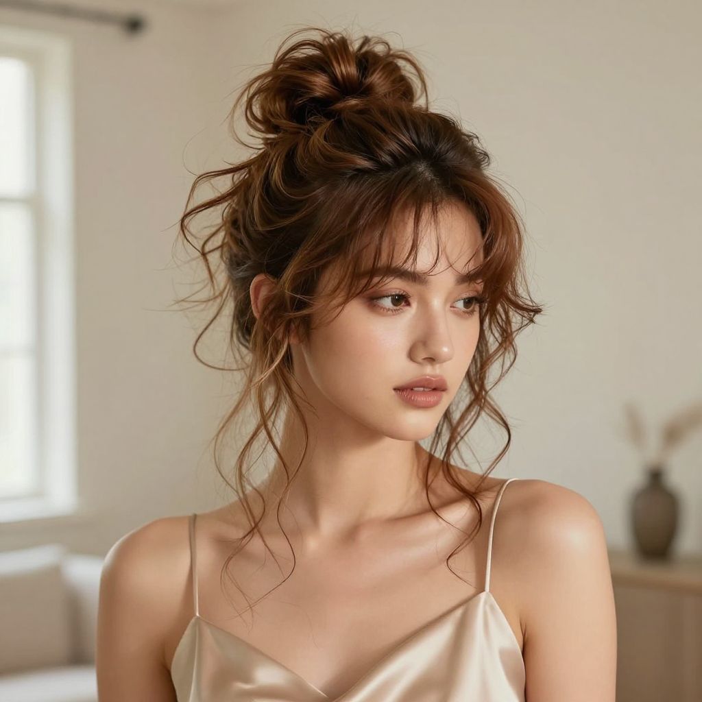 Messy Top Knot with Face-Framing Strands