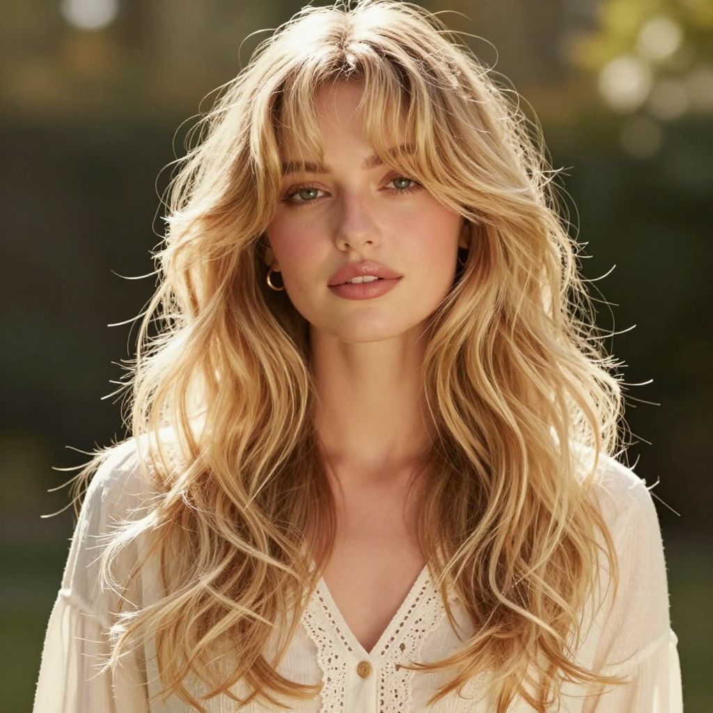 Long Layered Blonde Weave with Side Swept Bangs