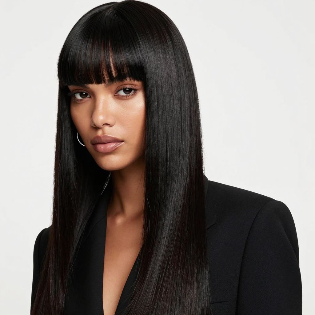 Blunt Bangs with Long Straight Weave