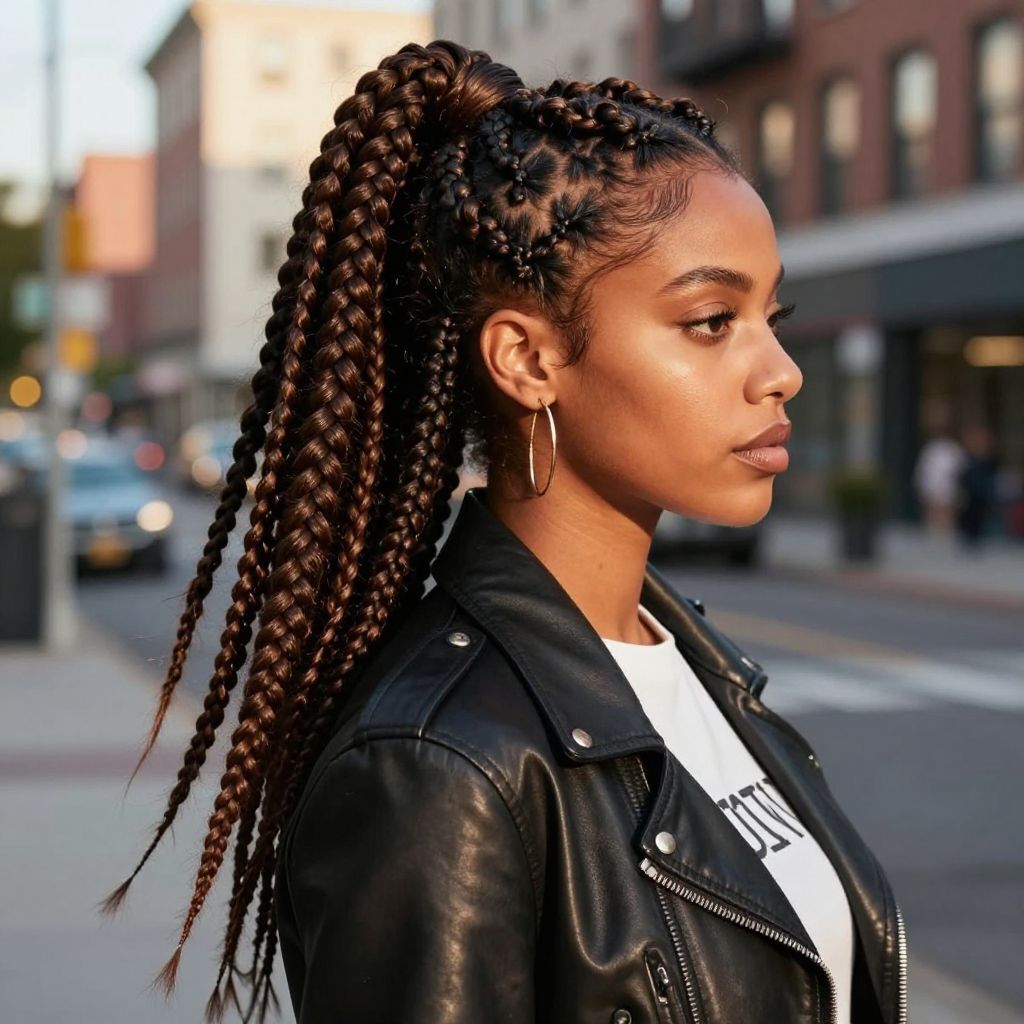 Chunky Ghana Braids Half Ponytail