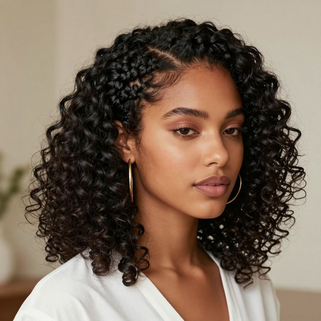 Curly Half-Up Halo Braids with Bob Length