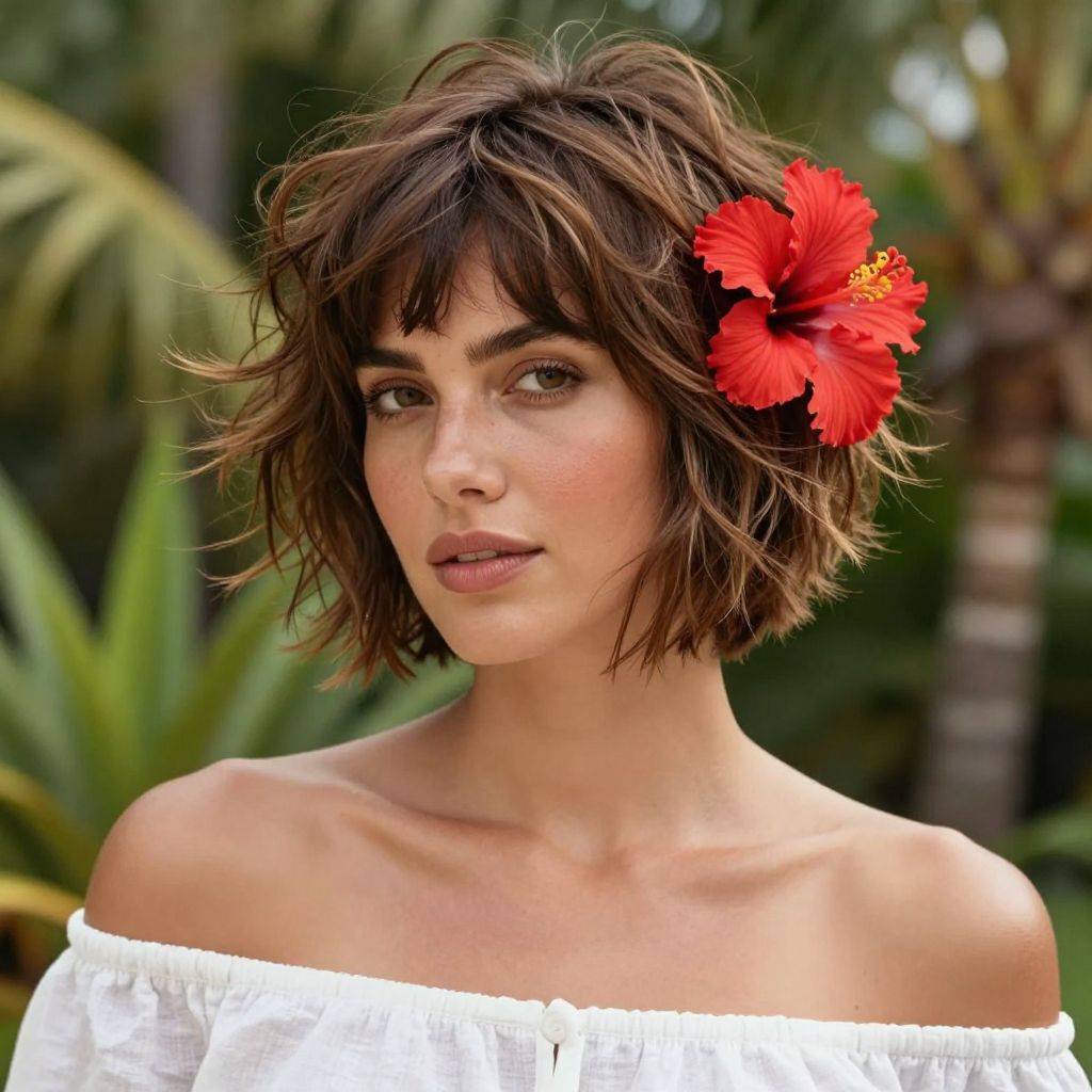 Tousled Pixie with Hibiscus Hair Clips