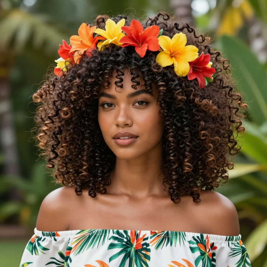 Voluminous Curly Afro with Lei-Inspired Accessories